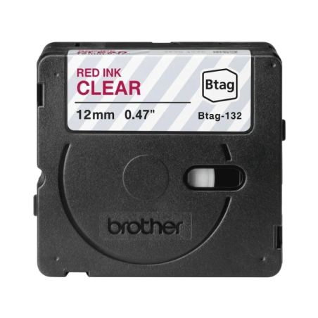 Ruban Brother Btag-132 12 mm - Texte rouge sur fond transparent - Mesures 12 mm x 4 mètres - Convient pour PTN10, PTN20, PTN25BT