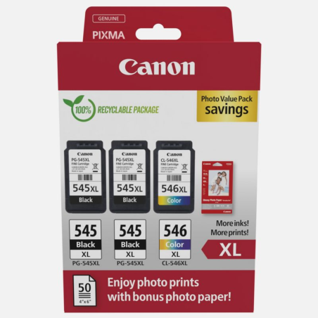 ✅ Canon PG-545XL/CL-546XL Multipack de 3 cartouches d'encre originales + 50 feuilles de papier photo - 8286B015 en stock