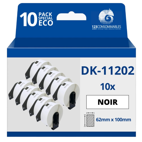 ✅ Pack de 10 Rouleaux Etiquettes compatible BROTHER DK-11202 étiquettes de transport 62mm x 100mm couleur Blanc en stock