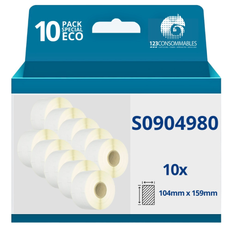✅ Pack de 10 Rouleaux étiquettes compatibles DYMO LABELWRITER 4XL (S0904980) 104 mm x 159 mm couleur Blanc en stock