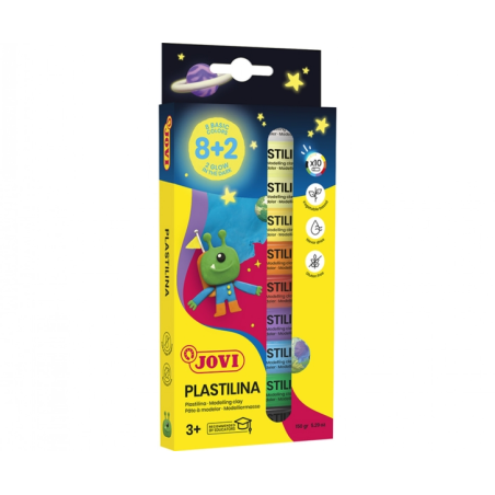Pack Jovi de 10 Barres de Pâte à Modeler 15gr - 8 Couleurs de Base + 2 Fluorescentes - Très Malléable - Ne Sèche Pas - Couleurs