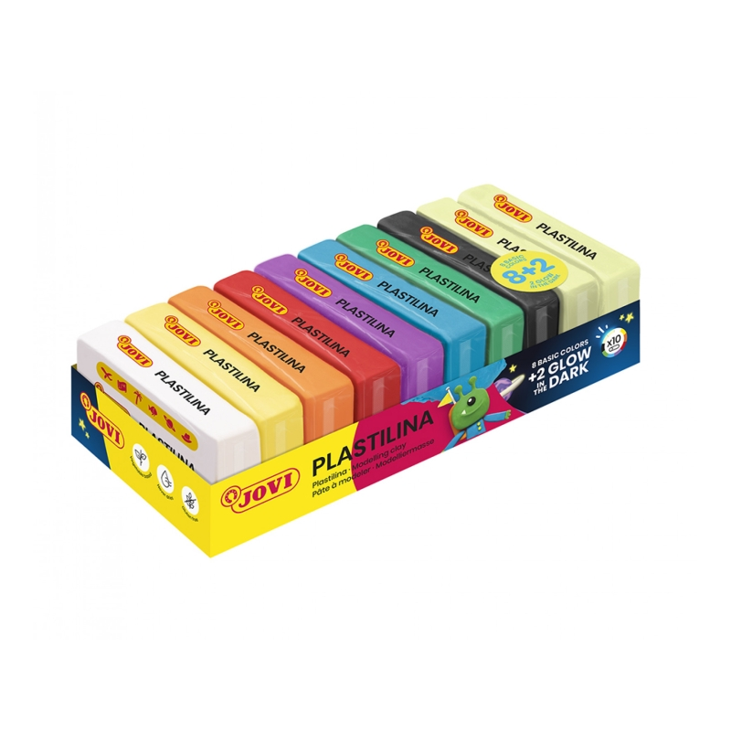 Plateau Jovi avec 10 tablettes de pâte à modeler 50gr - 8 couleurs de base + 2 fluo - Très malléable - Ne sèche pas - Couleurs