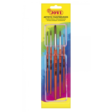 ✅ Jovi Pinceaux Artistiques Blister de 5 Pinceaux Ronds - Poils Naturels - Manche en Bois - Calibre 00 à 12 - P en stock