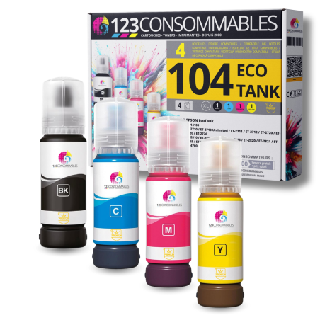 ✅ Pack compatible avec EPSON 104 ECOTANK, 4 bouteilles d'encre couleur pack en stock