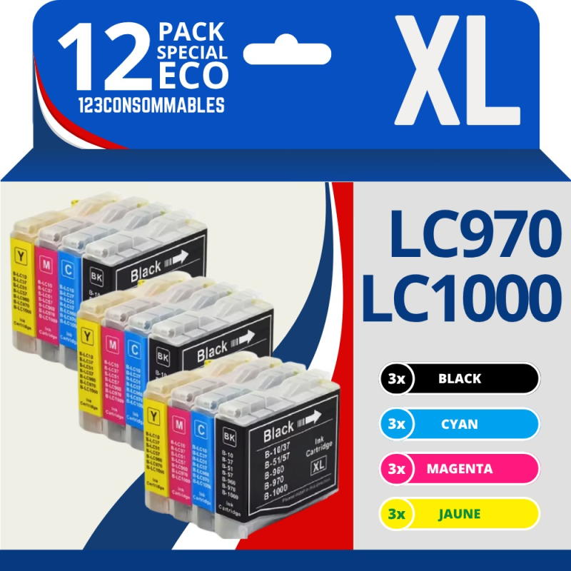 Pack compatible BROTHER LC970/LC1000, 12 cartouches Pack compatible BROTHER LC970/LC1000, 12 cartouches
