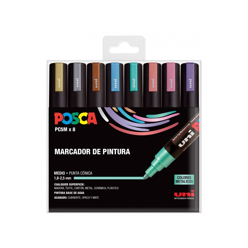 Posca PC-5M/8C Étui de 8 marqueurs peinture - Pointe ogive 1,8-2,5 mm - Encre à base d'eau - Résistant à la lumière - Non