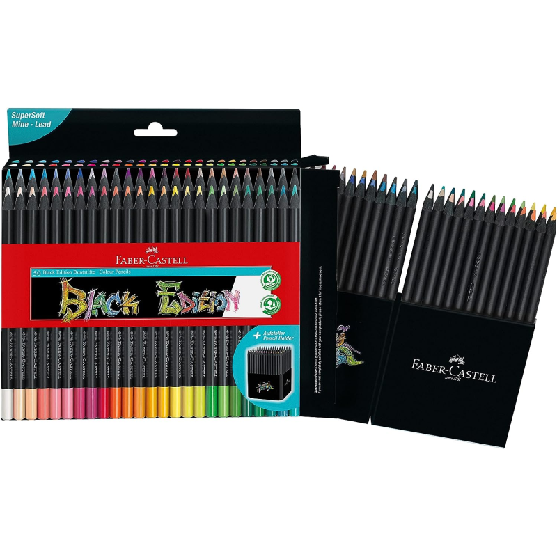 Faber-Castell Black Edition Pack de 50 Crayons de Couleur - Mine Super Douce - Bois Noir - Idéal pour Dessiner sur Papier