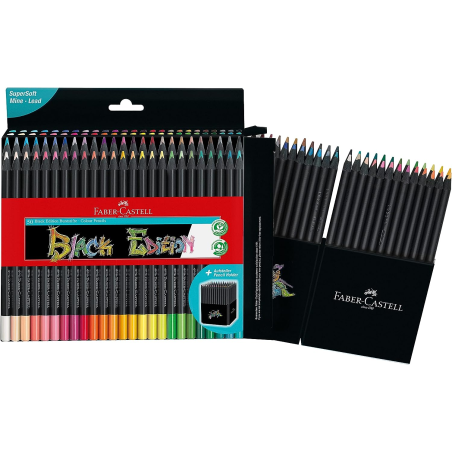 ✅ Faber-Castell Black Edition Pack de 50 Crayons de Couleur - Mine Super Douce - Bois Noir - Idéal pour Dessine en stock