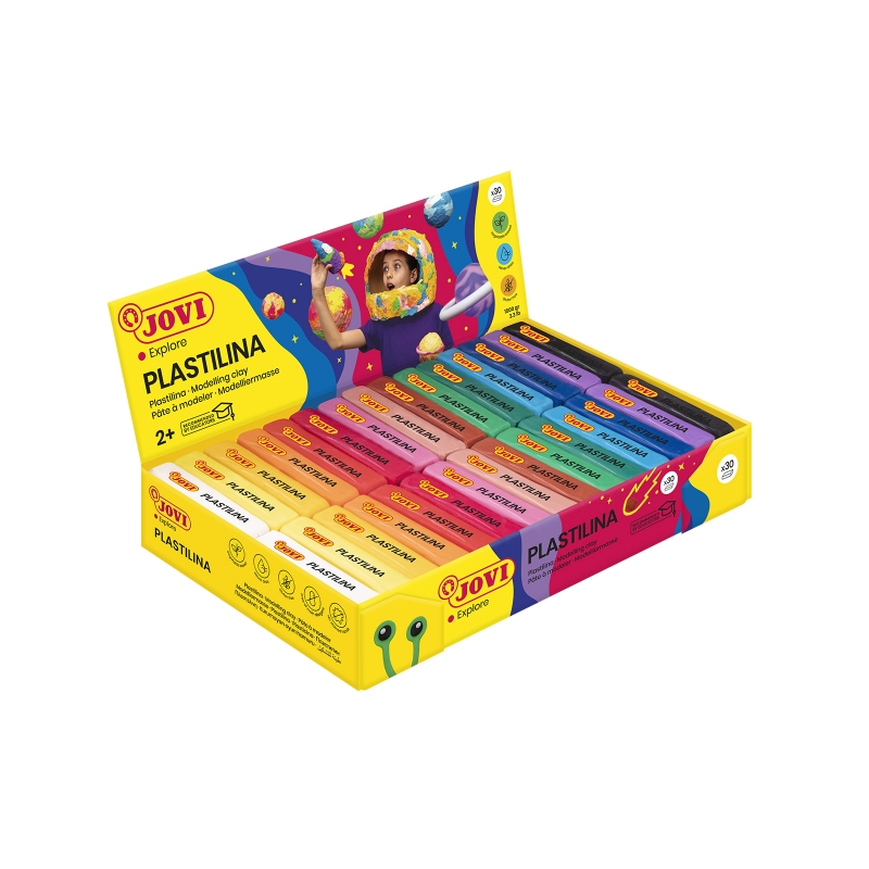 Jovi Présentoir de 30 Comprimés de Pâte à Modeler 50G - 100% Végétale - Très Moulable - Ne Sèche Pas - Couleurs Mélangables