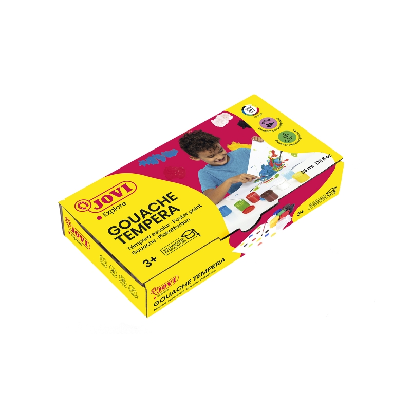 Jovi Gouache Tempera Coffret de 7 pots de 35 ml - Miscible - Pour Papier, Carton, Bois, Tissu, Pâte à Modeler et Boue - Pinceau