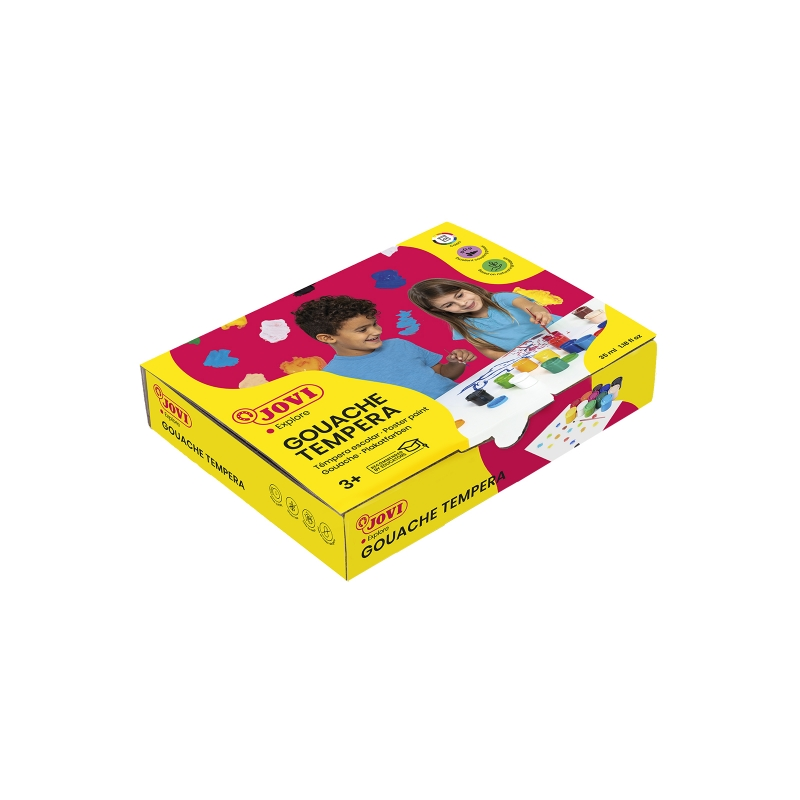 Jovi Gouache Tempera Etui de 12 Pots de 35 ml - Miscible - Pour Papier, Carton, Bois, Tissu, Pâte à Modeler et Boue - Pinceau