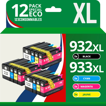 ✅ Pack 12 cartouches compatible HP 932XL/933XL couleur pack en stock