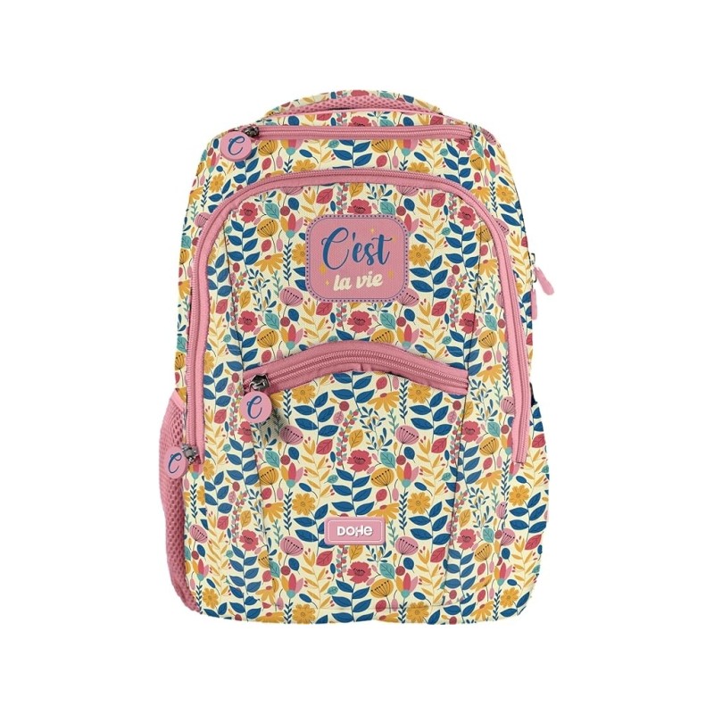 Sac à dos d'école Dohe C'est la Vie - Compartiment principal avec poche rembourrée - Poches latérales pour boissons - Dos