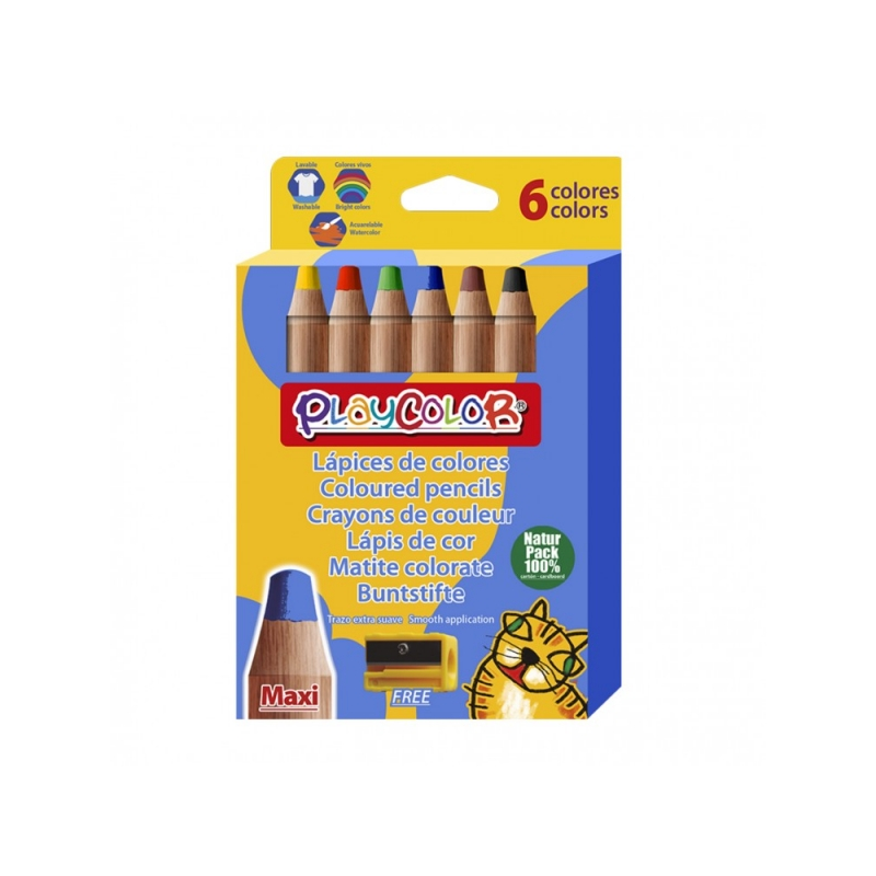 PlayColor Maxi Pack de 6 Crayons de Couleur à Pointe Épaisse + Taille-Taille - Trait Extra Lisse - Convient pour Papier