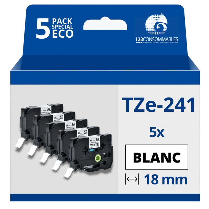 Pack de 5 Rubans compatible avec Brother TZe241 - Texte noir sur fond blanc - Largeur 18 mm x 8 mètres Pack de 5 Rubans compatible avec Brother TZe241 - Texte noir sur fond blanc - Largeur 18 mm x 8 mètres