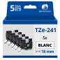Pack de 5 Rubans compatible avec Brother TZe241 - Texte noir sur fond blanc - Largeur 18 mm x 8 mètres Pack de 5 Rubans compatible avec Brother TZe241 - Texte noir sur fond blanc - Largeur 18 mm x 8 mètres