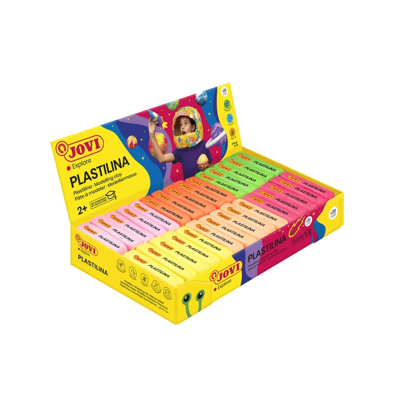 Jovi Présentoir de 30 Pastilles de Pâte à Modeler 50gr - Couleurs Néon - 100% Végétale - Très Moulable - Ne Sèche Pas
