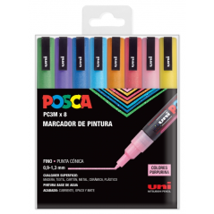 ✅ Posca PC-3M/8C Etui de 8 Marqueurs Peinture - Pointe Conique Polyester 0,9-1,3 mm - Encre à Base d'Eau - Rés en stock