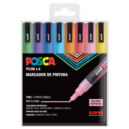 ✅ Posca PC-3M/8C Etui de 8 Marqueurs Peinture - Pointe Conique Polyester 0,9-1,3 mm - Encre à Base d'Eau - Rés en stock