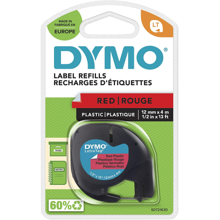 ✅ Dymo ruban LetraTag noir sur fond rouge 12 mm couleur Rouge/noir en stock