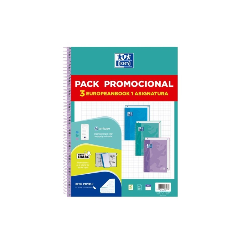Oxford Europeanbook 1 Touch Pack de 3 Cahiers Spirales Format A4+ Quadrillé 5x5mm - 80 Feuilles 90gr - Couverture Extra Rigide