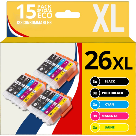 ✅ Pack compatible EPSON 26XL, 15 cartouches couleur pack en stock