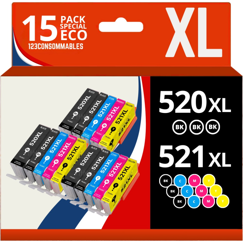Pack 15 cartouches compatibles CANON PGI-520/CLI-521 Pack 15 cartouches compatibles CANON PGI-520/CLI-521
