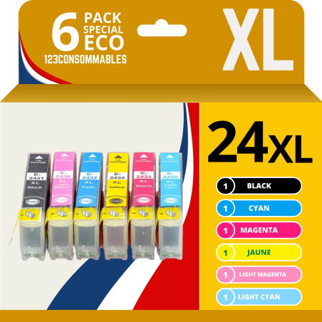 ✅ Pack compatible EPSON 24XL, 6 cartouches couleur pack en stock