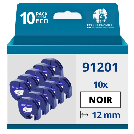 ✅ Pack de 10 Rubans compatible avec DYMO Letratag 91201 noir sur blanc couleur Noir/blanc en stock
