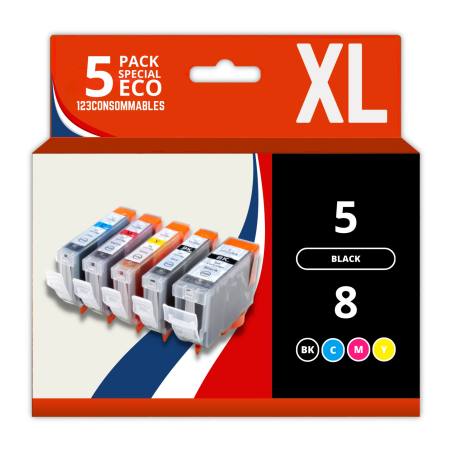 ✅ Pack compatible PGI-5/CLI-8, 5 cartouches couleur BK+BK+C+M+Y en stock