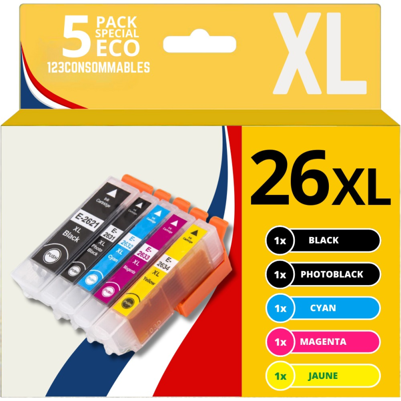Pack compatible EPSON 26XL, 5 cartouches Pack compatible EPSON 26XL, 5 cartouches