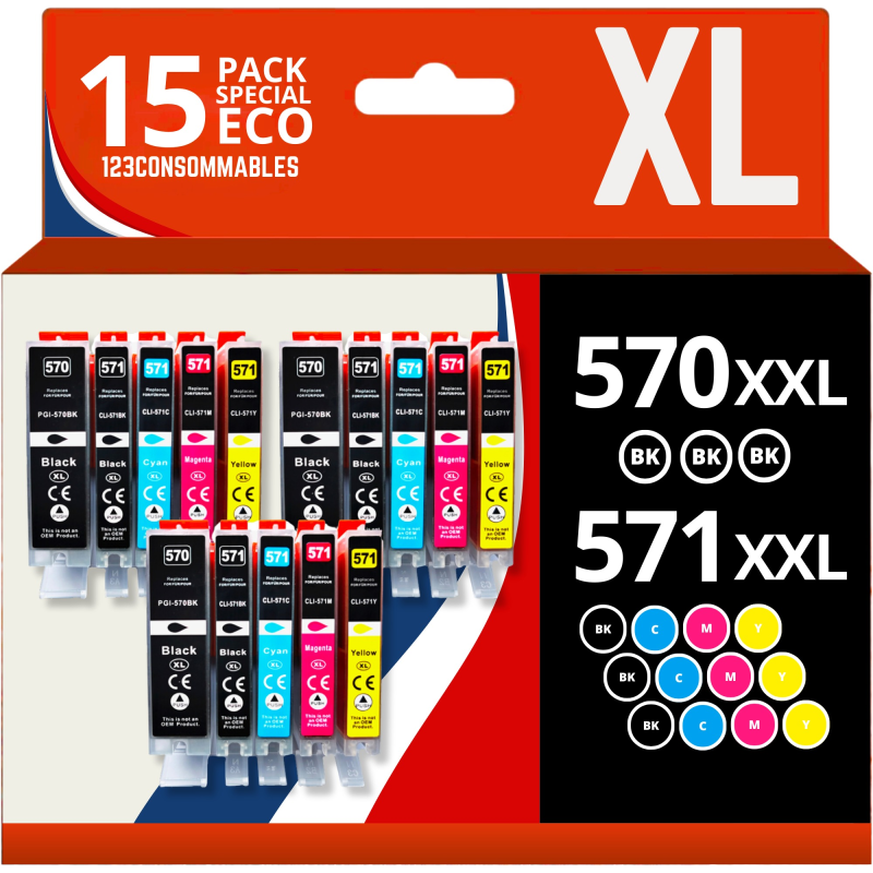 Pack 15 cartouches compatibles CANON PGI-570 XL/CLI-571 XL