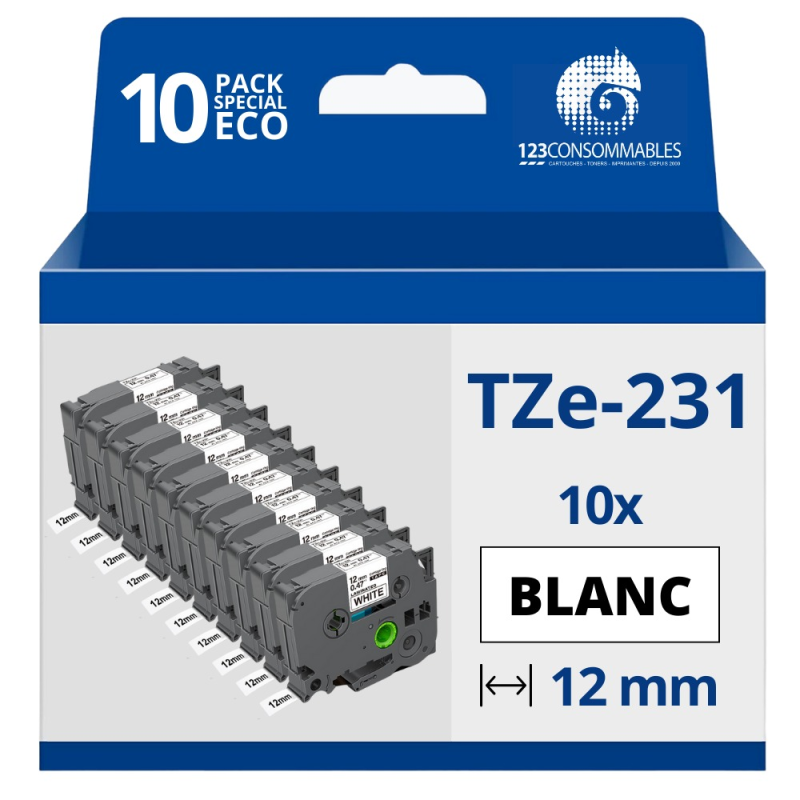 Pack de 10 Rubans adhésifs compatible avec Brother TZe-231- Texte noir sur fond blanc - Largeur 12 mm x 8 mètres Pack de 10 Rubans adhésifs compatible avec Brother TZe-231- Texte noir sur fond blanc - Largeur 12 mm x 8 mètres