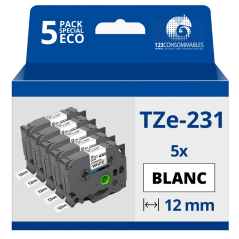 ✅ Pack de 5 Rubans adhésifs compatible avec Brother TZe-231- Texte noir sur fond blanc - Largeur 12 mm x 8 mèt en stock