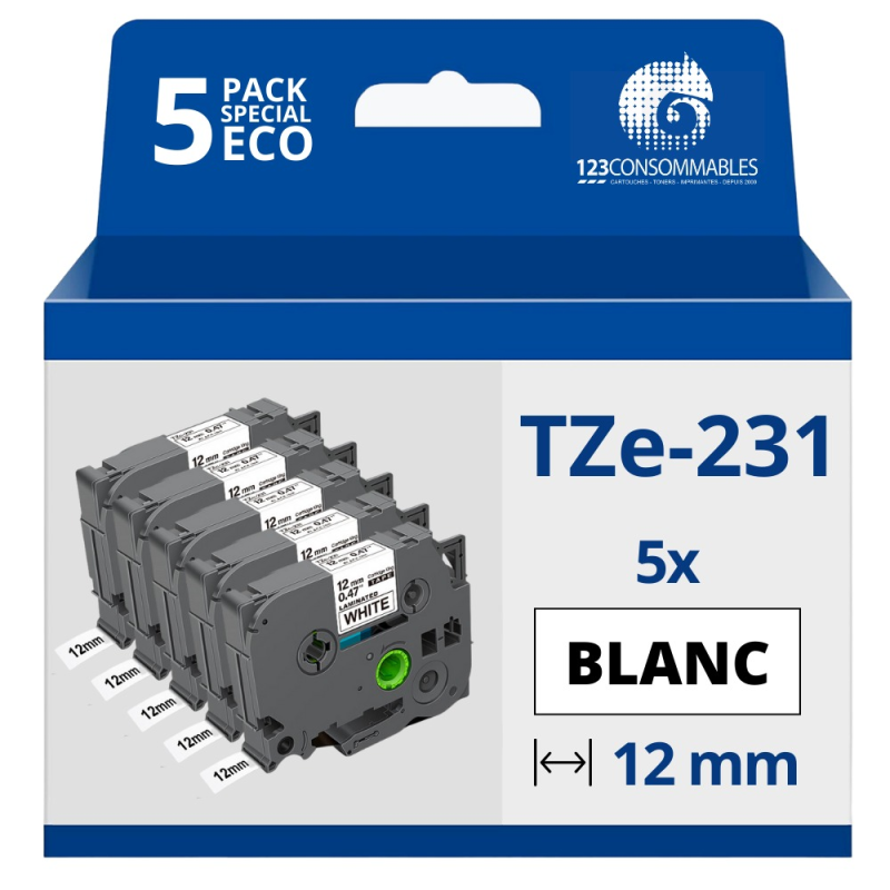 Pack de 5 Rubans adhésifs compatible avec Brother TZe-231- Texte noir sur fond blanc - Largeur 12 mm x 8 mètres Pack de 5 Rubans adhésifs compatible avec Brother TZe-231- Texte noir sur fond blanc - Largeur 12 mm x 8 mètres