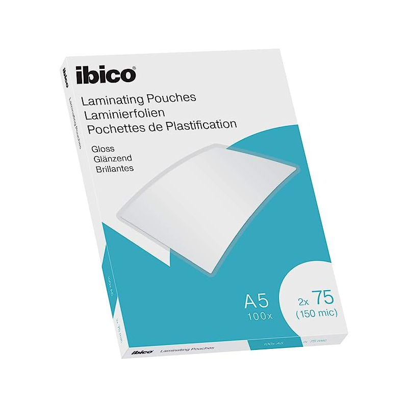 Ibico Gloss Pack de 100 Feuilles à Plastifier A5 150 Microns - Finition Brillante - Plastifie Papier, Photos, Cartes de Visite