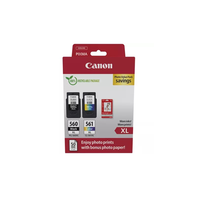 Canon PG560 XL Noir + CL561 XL Couleur, 2 cartouches + 50 feuilles de papier photo Canon PG560 XL Noir + CL561 XL Couleur, 2 cartouches + 50 feuilles de papier photo