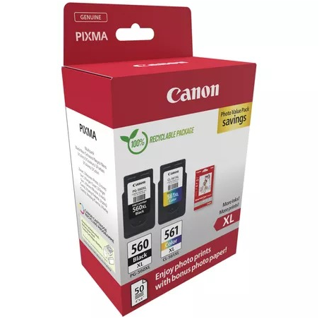 Canon PG560 XL Noir + CL561 XL Couleur, 2 cartouches + 50 feuilles de papier photo