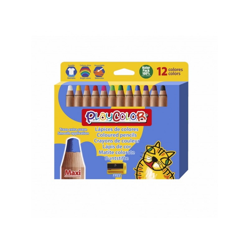 PlayColor Pack de 12 Crayons de Couleur à Pointe Épaisse + Taille-Taille - Trait Extra Lisse - Convient pour Papier, Carton