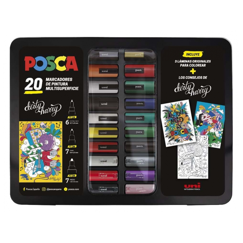 Valise Posca en métal avec 20 marqueurs peinture - Couleurs et traits assortis - Pointe polyester - Encre pigmentée à base