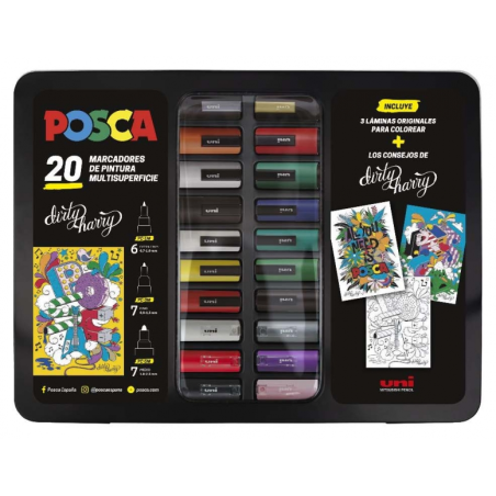 ✅ Valise Posca en métal avec 20 marqueurs peinture - Couleurs et traits assortis - Pointe polyester - Encre pig en stock
