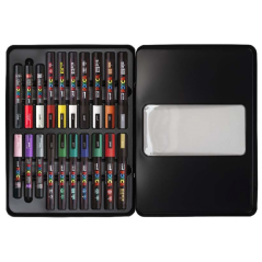 Valise Posca en métal avec 20 marqueurs peinture - Couleurs et traits assortis - Pointe polyester - Encre pigmentée à base