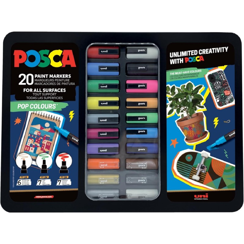 Posca Pop Colors Valise en métal avec 20 marqueurs peinture - Couleurs et traits assortis - Pointe polyester - Encre pigmentée