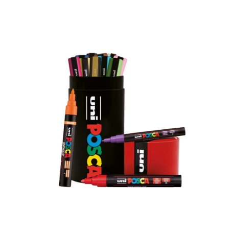 Boîte métallique Posca avec 13 marqueurs de peinture : 4 PC-5M, 5 PC-3M, 4 PC-5BR. Encre à base d’eau, non permanente