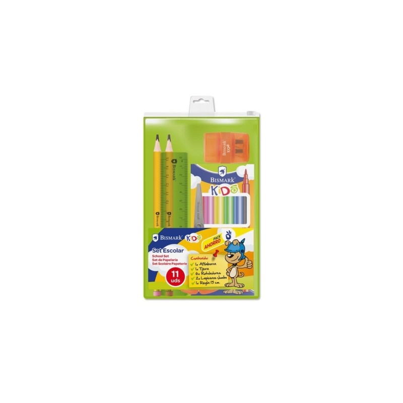 Pack scolaire Bismark avec 6 marqueurs de couleur, 2 crayons géants, une règle flexible de 15 cm, un taille-crayon et des