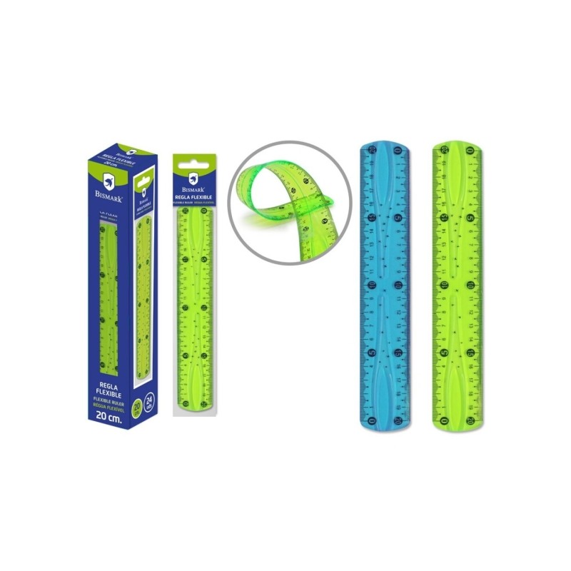 Règle flexible Bismark 20 cm - En PVC - Idéale pour l'école - Couleurs aléatoires bleu et vert