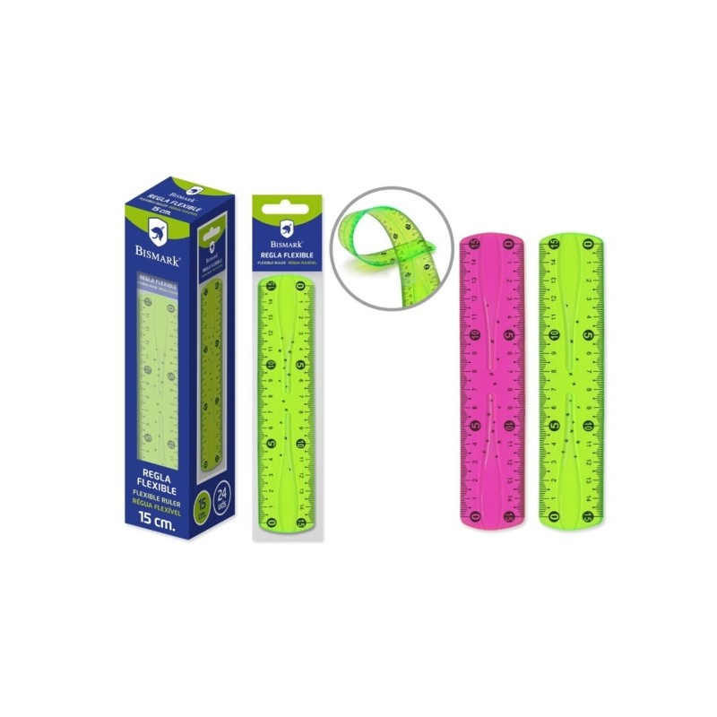 Règle flexible Bismark 15 cm - En PVC - Idéale pour l'école - Couleurs aléatoires rose et vert