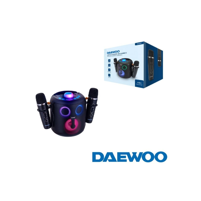 Enceinte karaoké portable Bluetooth 5.4 Daewoo DW3008 15 W - 2 microphones sans fil - Lumières LED - Radio FM - USB/SD/Aux