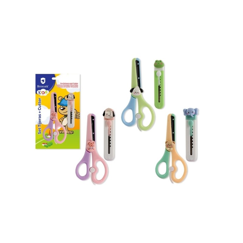 LOT de 12 Ciseaux et cutter pour enfants Bismark - Manches en plastique - Pointe Roma - 3 modèles assortis
