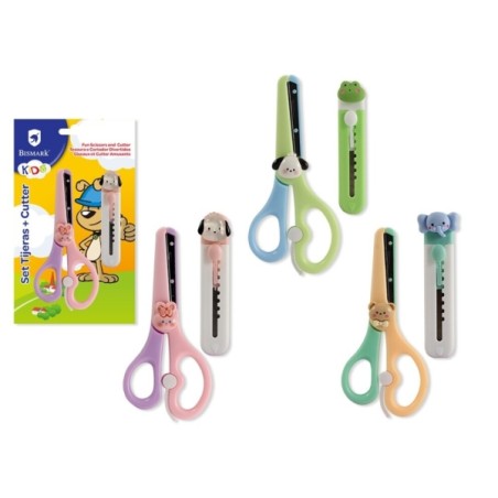 ✅ LOT de 12 Ciseaux et cutter pour enfants Bismark - Manches en plastique - Pointe Roma - 3 modèles assortis co en stock